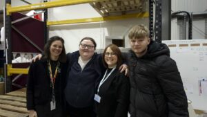 Pictured left to right: Judith Skalli, Ellie Leach, Elaine McKenna and Connor Bethell at Baby Basics UK’s Sheffield warehouse. Photo credit: The Sheffield College.