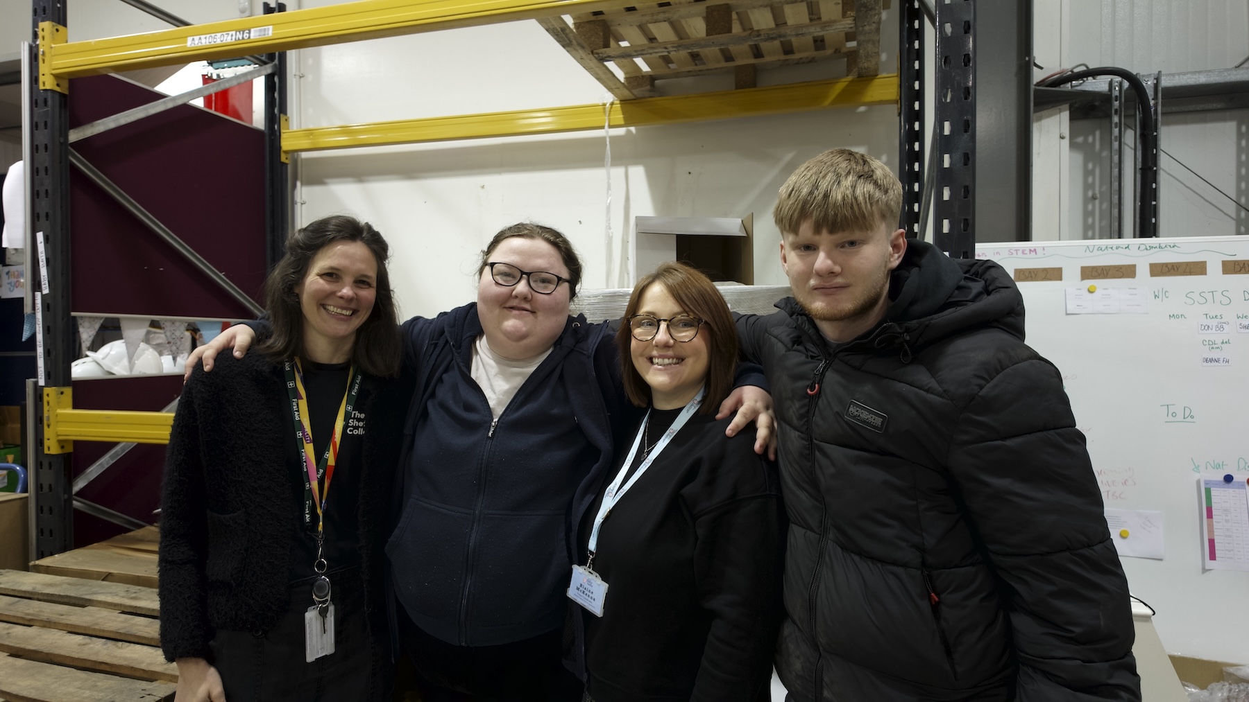 Pictured left to right: Judith Skalli, Ellie Leach, Elaine McKenna and Connor Bethell at Baby Basics UK’s Sheffield warehouse. Photo credit: The Sheffield College.